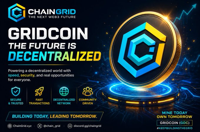 The image is a promotional banner for ChainGrid and GridCoin (GDC), featuring the tagline "The Future is Decentralized" alongside a large gold and blue coin displaying the hexagonal logo, highlighting features like "Secure & Trusted," "Fast Transactions," "Decentralized Network," and "Community Driven." It aligns with the post's message by reinforcing the urgency of the ongoing mining quarter, with the call-to-action "Mine Today, Own Tomorrow" and "Keep Building the Grid" encouraging participation in the GridCoin (GDC) mining opportunity before time runs out.