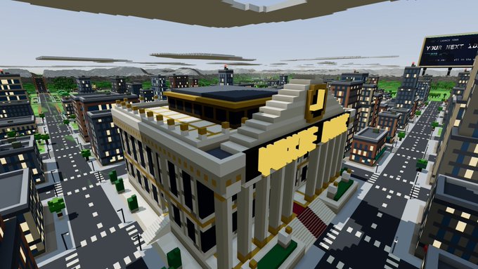 A Minecraft-style 3D render of a grand bank building with gold lettering, surrounded by a blocky cityscape with streets, buildings, and a billboard in the background.