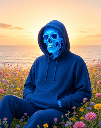 A digital illustration depicts a blue skeletal figure wearing a hoodie, sitting in a field of colorful flowers at sunset by the ocean.