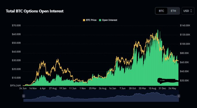 A financial chart titled 'Total BTC Options Open Interest' showing BTC Price and Open Interest trends over time, with BTC and ETH tabs visible.