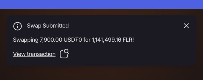 A "Swap Submitted" notification confirms a trade of 7,900.00 USDT0 for 1,141,499.16 FLR, directly supporting the post's claim of acquiring over a million FLR tokens in anticipation of a bullish season.