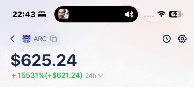 A mobile screen showing the ARC token at $625.24, up 15531% (+$621.24) in 24 hours, with a dynamic island display at the top.