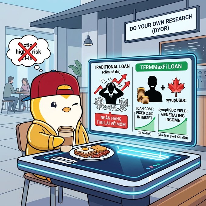 An infographic comparing Traditional Loans vs TERMMaxFi Loans, showing a cute mascot duck in a red cap holding coffee, with text emphasizing "DO YOUR OWN RESEARCH (DYOR)" and noting TermMaxFi offers a fixed 2.5% interest rate generating yield income via syrupUSDC.