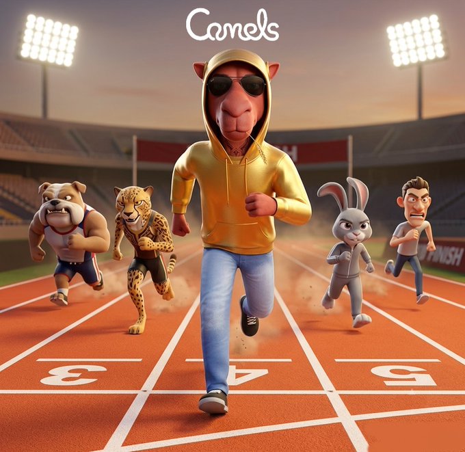 A 3D-rendered scene titled 'Camels' showing an anthropomorphic camel in a yellow hoodie and sunglasses racing on a track, leading a bulldog, a leopard, a rabbit, and a human in athletic wear.
