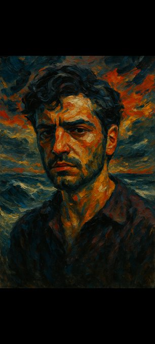 An expressionist-style painted portrait of a serious-looking man with dark hair, rendered with bold, fiery orange, red, and blue brushstrokes.