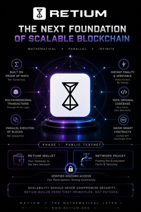 A promotional graphic for 'RETIUM - The Next Foundation of Scalable Blockchain,' highlighting features like mathematical proof, parallel execution, and a Phase 1 public testnet.