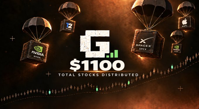 A promotional graphic features parachutes dropping stock symbols including NVIDIA, Z (Zillow), SPACEX, and AAPL, advertising '$1100 TOTAL STOCKS DISTRIBUTED'.