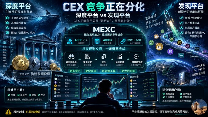 A Chinese-language promotional graphic for the MEXC cryptocurrency exchange, titled 'CEX 竞争正在分化' (CEX Competition is Diverging), comparing deep trading platforms versus discovery platforms, featuring trading charts and cryptocurrency logos.