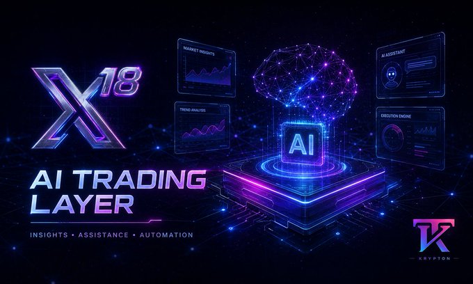 A promotional graphic for 'X18 AI TRADING LAYER' by KRYPTON, featuring a neon-lit brain hologram and text 'INSIGHTS • ASSISTANCE • AUTOMATION' with floating UI panels.