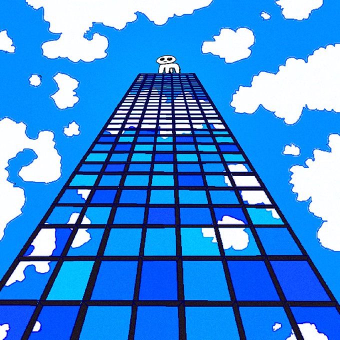 A stylized digital illustration shows a small white cartoon character sitting at the top of a towering skyscraper that stretches up into a bright blue sky with puffy white clouds, rendered in shades of blue glass panels.