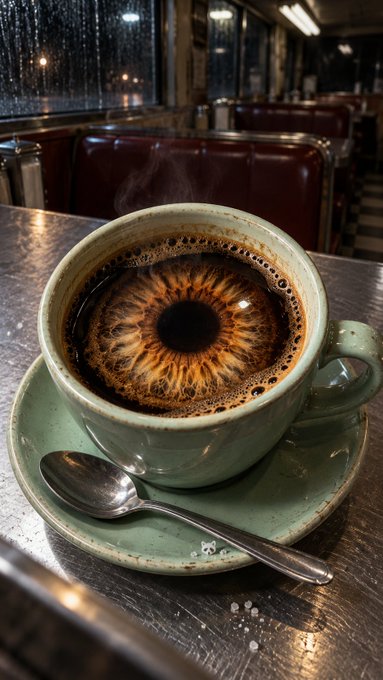 A ceramic green cup of black coffee with foam art in a diner setting with red leather booths and rain-streaked windows in the background.