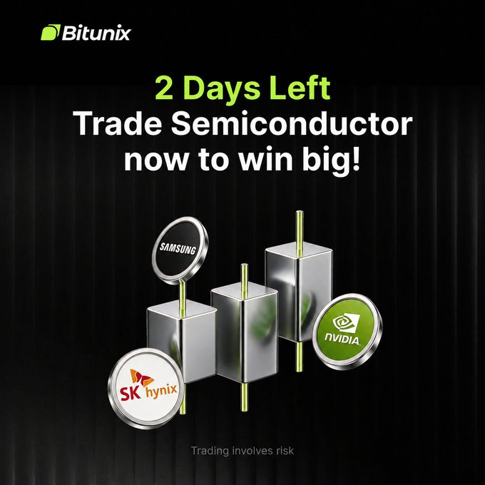 A Bitunix promotional graphic displays "2 Days Left - Trade Semiconductor now to win big!" alongside images of semiconductor chips featuring Samsung, SK hynix, and NVIDIA logos, tied to their Semiconductor Trading Challenge ending July 27 with a 5,000 USDT prize pool.