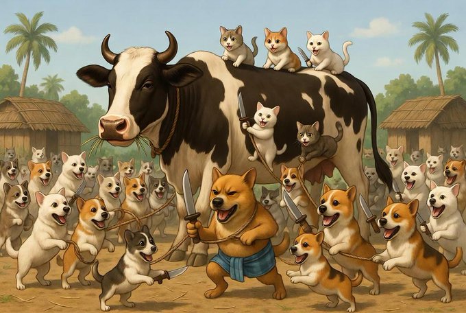 The image features a cartoon scene of a cow, several cats, and dogs gathered together. The cow has horns and appears to be standing on all fours with its head resting on some small animals. There are at least nine cats and six dogs in the scene, each interacting with one another or being part of the same group. 

The image is related to a social media post that encourages users to share their posts using the hashtag #NomismaNetwork. The post suggests that if someone were to share this image on social media, they would receive a 7-day free pass to Nomisma Network. Additionally, there are two mentions of the word "@useTria" in the image's caption, which could be related to another campaign or promotion by @useTria.