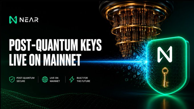 The NEAR blockchain announces "POST-QUANTUM KEYS LIVE ON MAINNET" alongside an image of a quantum computer and a secure shield with a key, emphasizing the chain's ability to support multiple cryptographic key types. This visual represents NEAR's unique advantage in quantum-resistant upgrades, unlike other chains that would require new addresses.