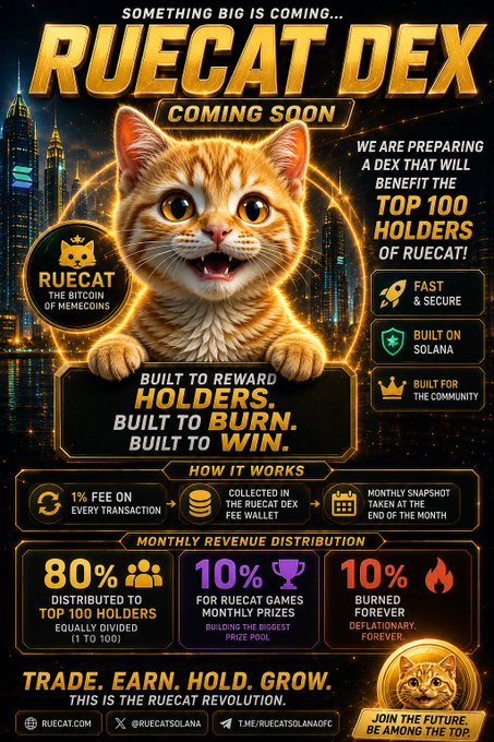 A promotional poster for "RUECAT DEX" featuring an orange cat wearing a crown against a city skyline, advertising that 80% of monthly revenue (from a 1% transaction fee) goes to the top 100 $RUECAT holders, with 10% for game prizes and 10% burned forever. The image highlights the play-to-earn and token burn mechanics mentioned in the post, emphasizing the deflationary reward structure for the Solana-based "Bitcoin of Memecoins."