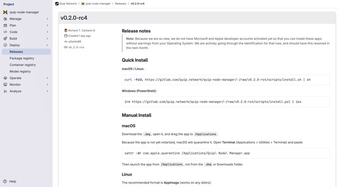 This image is a screenshot from a Quip network management system displaying a user interface page for the Quip Node Manager application. The focus of the discussion seems to be around version 0.2.0-rc4, as the image shows a release note or status update about this specific version. It's likely that someone is discussing how the new release impacts node runners and if there are any improvements being made in the software development process.
