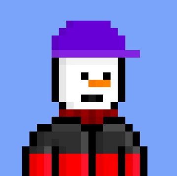 A pixel art character with a purple hat, white face with a carrot nose, and red and black jacket.