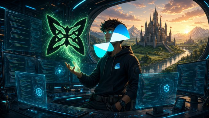 Fantasy digital artwork showing a character with a Sui logo face holding a glowing green butterfly near floating holographic monitors, with a castle visible through a window.