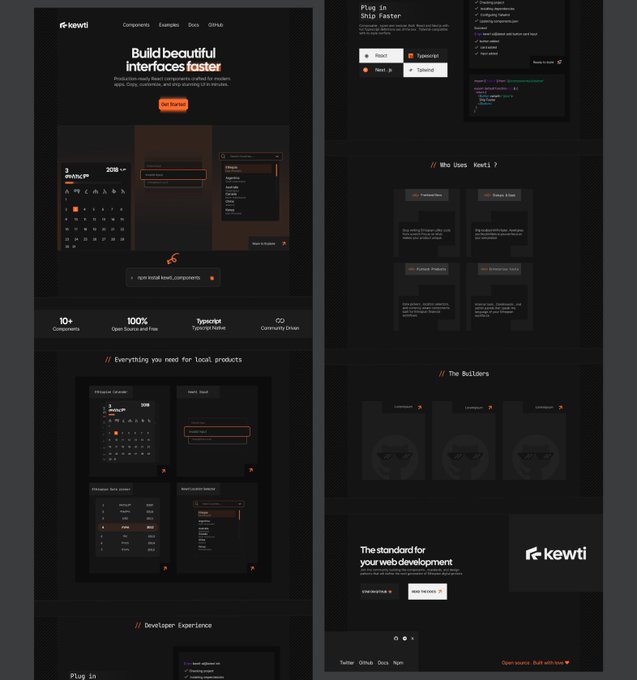 The image displays a website mockup for "Kewti," a React components library with the tagline "Build beautiful interfaces faster," featuring sections like "Everything you need for Local, products," "The Builders," and "Developer Experience." It showcases various UI components and includes a call-to-action button labeled "Start for Free," which contrasts with the post's suggestion that alternatives like "Astra" may be better than the featured platform.