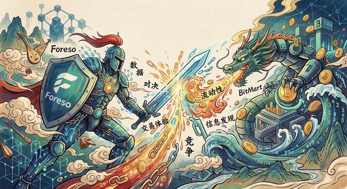 A colorful illustration depicting a knight in blue armor holding a 'Foreo' shield and a sword, clashing with a mechanical dragon labeled 'BitMart' amidst clouds and chains, with Chinese characters floating between them.