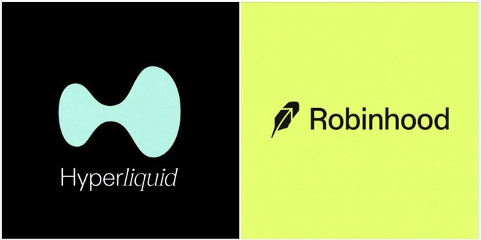 A side-by-side comparison of two cryptocurrency/finance company logos: 'Hyperliquid' in a teal hourglass shape on a black background, and 'Robinhood' with a black feather icon on a bright yellow-green background.