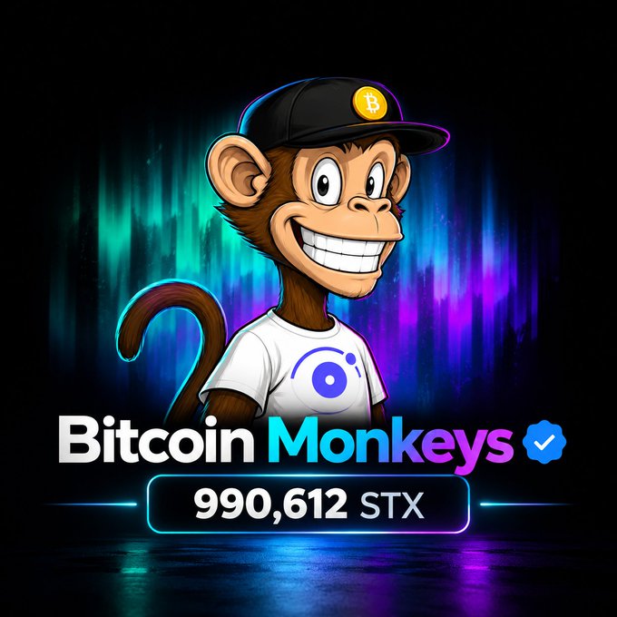A digital illustration of a smiling cartoon monkey wearing a Bitcoin cap and white t-shirt, labeled "Bitcoin Monkeys" with "990,612 STX" displayed below against a neon backdrop.