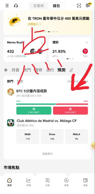 A mobile cryptocurrency exchange interface with red arrows pointing to the "預測" (Prediction) tab, showing prediction markets like "BTC 5分鐘內漲或跌" (BTC will rise or fall in 5 minutes) and a Club Atlético de Madrid vs. Málaga CF match.