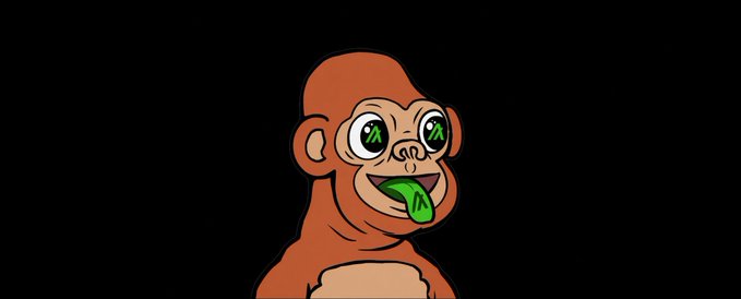 A cartoon illustration of an orange monkey with glowing green eyes and a green tongue sticking out, set against a black background.