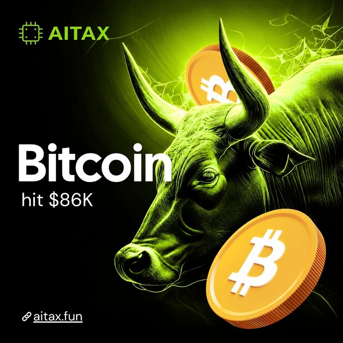 A green bull with glowing eyes is featured alongside two Bitcoin coins, with bold text announcing "Bitcoin hit $86K," accompanied by the AITAX logo and aitax.fun branding, visually reinforcing the post's bullish Bitcoin prediction theme and encouraging users to test their BTC forecasts on the AITAX platform.