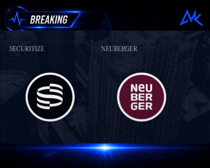 A 'BREAKING' news graphic displays the logos for 'SECURITIZE' and 'NEUBERGER' over a dark city background.