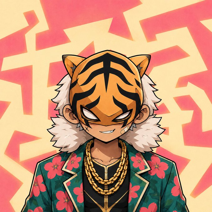A stylized cartoon character wearing a tiger mask and a floral green suit with gold chains, set against a background of abstract red and beige shapes.