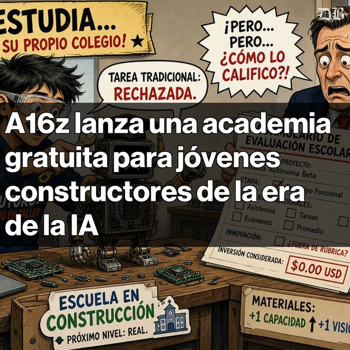 A comic-style illustration depicts a student building a robot while a shocked teacher reacts, with Spanish text stating 'A16z lanza una academia gratuita para jóvenes constructores de la era de la IA' (A16z launches a free academy for young builders of the AI era).