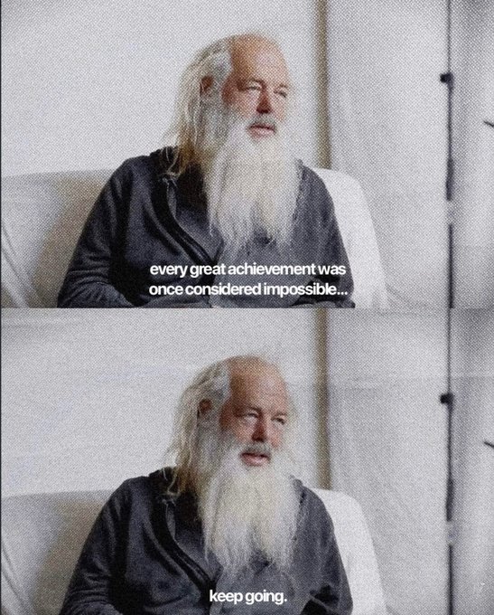 Two stacked frames of an elderly bearded man in a dark hoodie, with captions reading 'every great achievement was once considered impossible...' and 'keep going.'