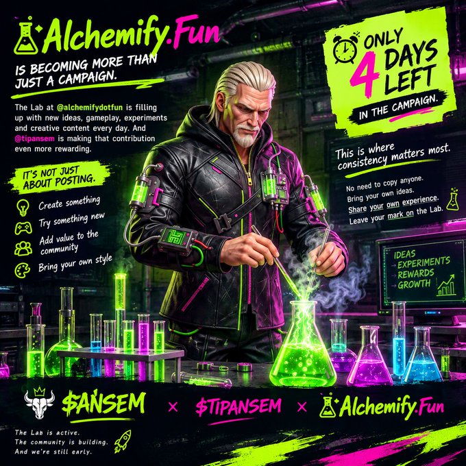 An Alchemify.Fun promotional poster featuring a Geralt of Rivia-like character in a lab, highlighting 'Only 4 Days Left' campaign, branded with $ANSEM and $TIPANSEM tokens, and promoting ideas, experiments, rewards, and growth.