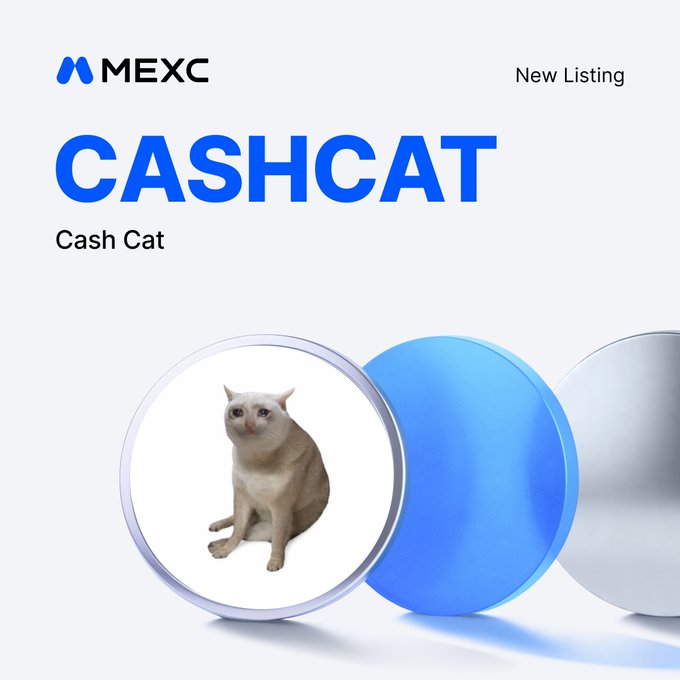 MEXC announces the new listing of $CASHCAT, featuring a sad cat meme and the trading information "Cash Cat". The image relates by showcasing the token's name and its associated meme, which is likely part of its branding.