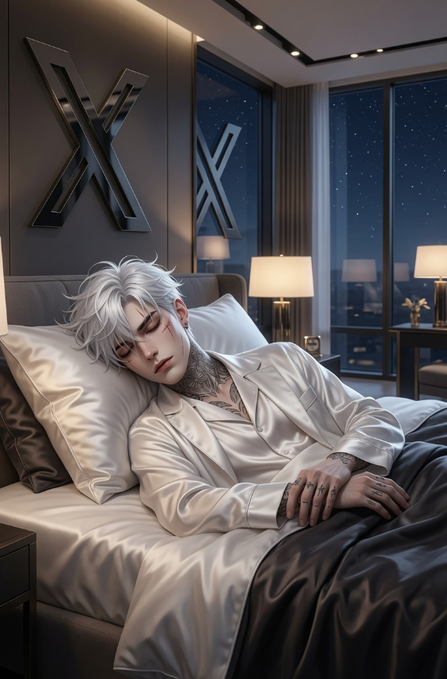 A digital illustration in an anime style depicting a young man with white hair and tattoos, wearing silk pajamas, sleeping in a luxurious bedroom setting.