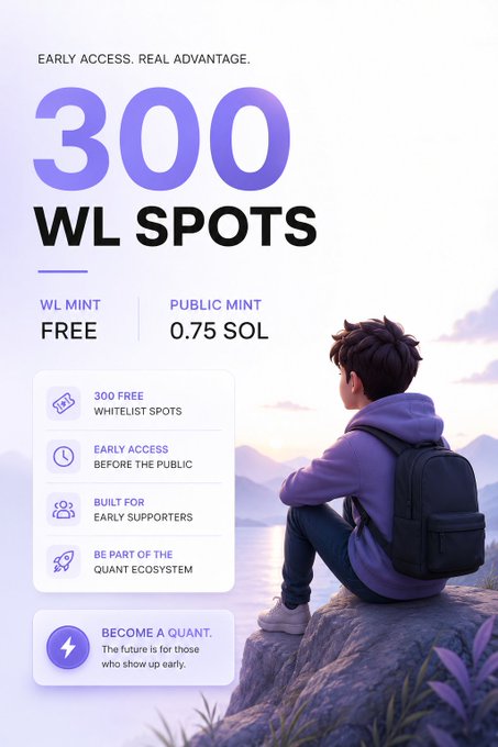 A promotional flyer for '300 WL SPOTS' (Whitelist) offering early access with WL Mint FREE and Public Mint at 0.75 SOL, featuring a 3D illustration of a character with a backpack looking out at a sunset, and a call-to-action 'BECOME A QUANT. The future is for those who show up early.'