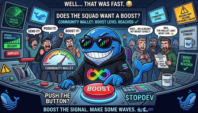 A colorful digital illustration depicts a blue whale character wearing sunglasses and a hoodie pressing a large red 'BOOST' button, with speech bubbles reading 'WELL... THAT WAS FAST' and 'DOES THE SQUAD WANT A BOOST? COMMUNITY WALLET: BOOST LEVEL REACHED', along with text 'PUSH THE BUTTON?' and 'BOOST THE SIGNAL. MAKE SOME WAVES.'