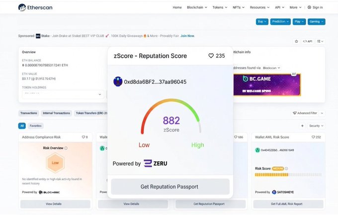 An Etherscan blockchain page showing a zScore Reputation Score of 882 for the wallet address 0xd8da6BF2...37aa96045, powered by ZERU.