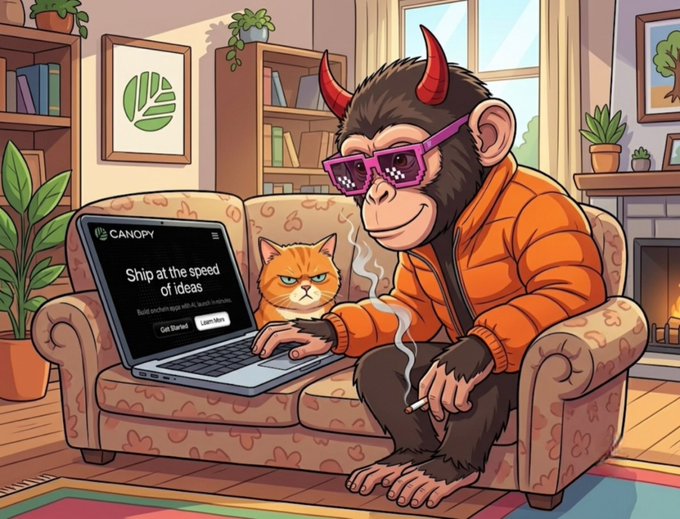 A cartoon illustration of a horned monkey wearing pixel sunglasses and an orange hoodie sitting on a floral couch, using a laptop displaying 'CANOPY - Ship at the speed of ideas' with an orange cat beside it.