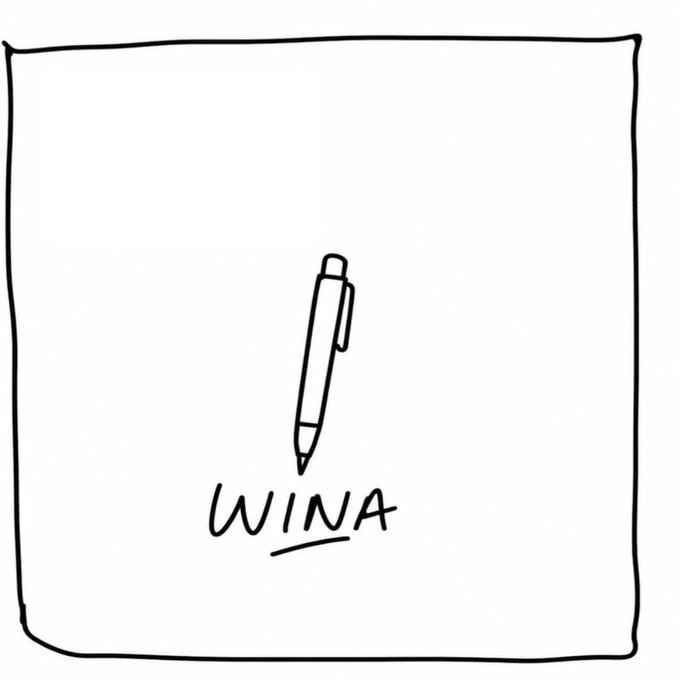 The image features a black and white line drawing of a pen with the word "WINA" written above it, which stands for "Wina is writing it story with persistent, hardwork and knowledge." The pen appears to be in motion as if it's about to write something on paper or create an artwork. The post also includes a link to join the movement and share their work.