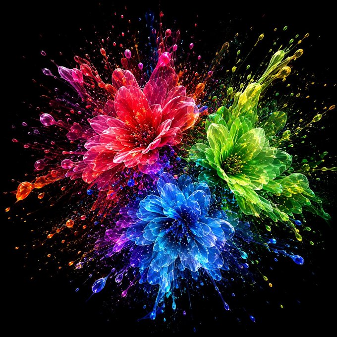 A vibrant digital artwork features three glowing flowers in pink, green, and blue against a black background, with colorful paint-like splashes and droplets radiating outward from each bloom.
