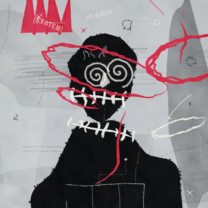 An abstract artwork featuring a black silhouette figure with white spiral eyes and stitched mouth, overlaid with red scribbles and text reading 'SYSTEM' and 'NO WATER'.