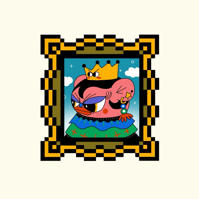 Pixel-art style illustration of a pink character wearing a yellow crown, displayed inside a decorative gold and black frame.