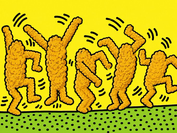 A vibrant Keith Haring-style illustration shows five orange, textured figures dancing energetically against a bright yellow background with a green dotted ground, evoking the celebratory excitement of Robinhood listing a meme stock ticker called "$TENDIES" to its massive user base.