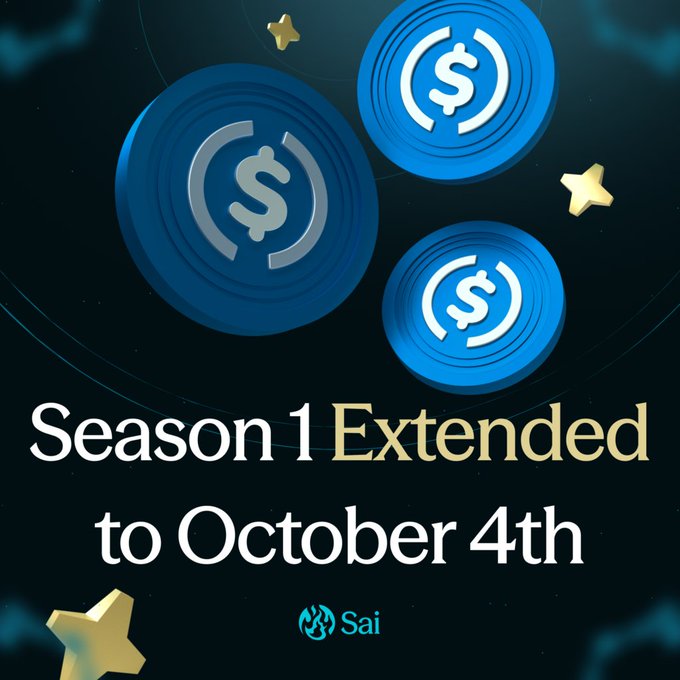 A promotional graphic with blue USDC coin icons and yellow stars on a dark background, displaying the text 'Season 1 Extended to October 4th' above a 'Sai' logo.