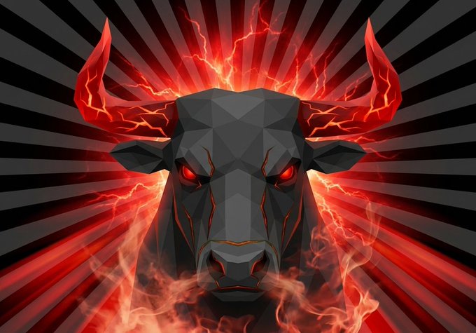 A fierce geometric bull head with glowing red eyes and fiery horns charges forward against a dramatic red and black sunburst background, symbolizing the unstoppable, aggressive momentum of the $BULLSEM token airdrop campaign on Solana.