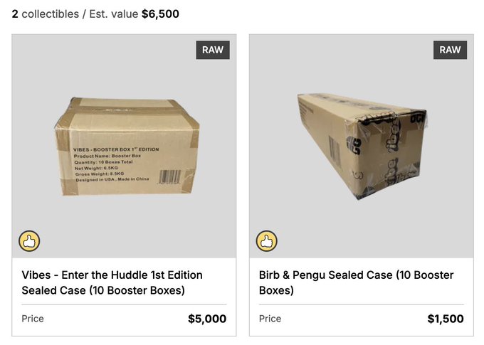 A product listing page showing 2 collectibles with an estimated value of $6,500: a Vibes Booster Box 1st Edition Sealed Case priced at $5,000, and a Birb & Pengu Sealed Case (10 Booster Boxes) priced at $1,500.