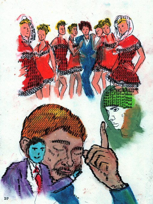 An artistic, mixed-media illustration showing a man's face in the foreground pointing upward, with a collage of red-dressed women, text snippets ('merry christmas'), and other faces layered in the background.
