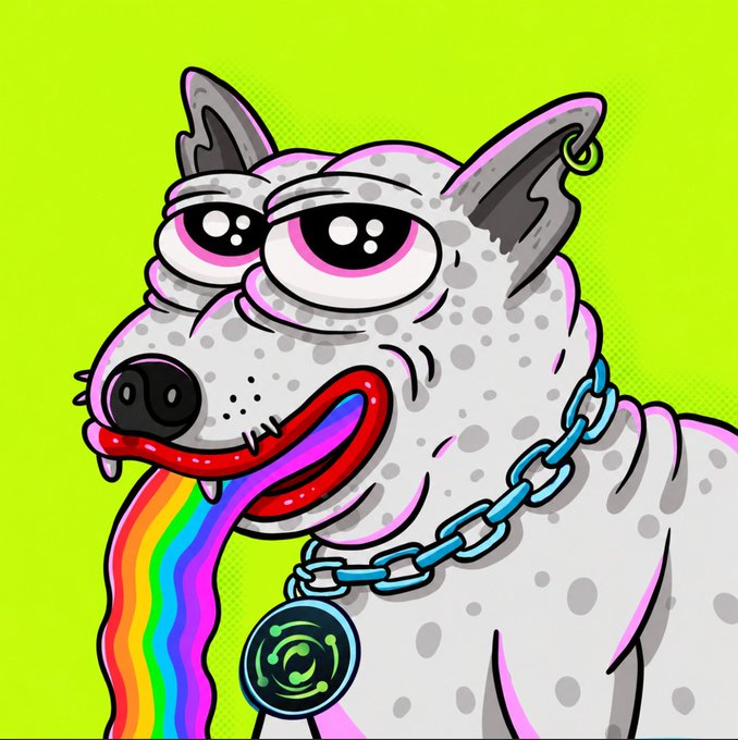 A cartoon illustration of a spotted white dog-like creature with big pink-rimmed eyes, wearing a blue chain necklace with a circular pendant, and vomiting a rainbow stream against a bright green background.